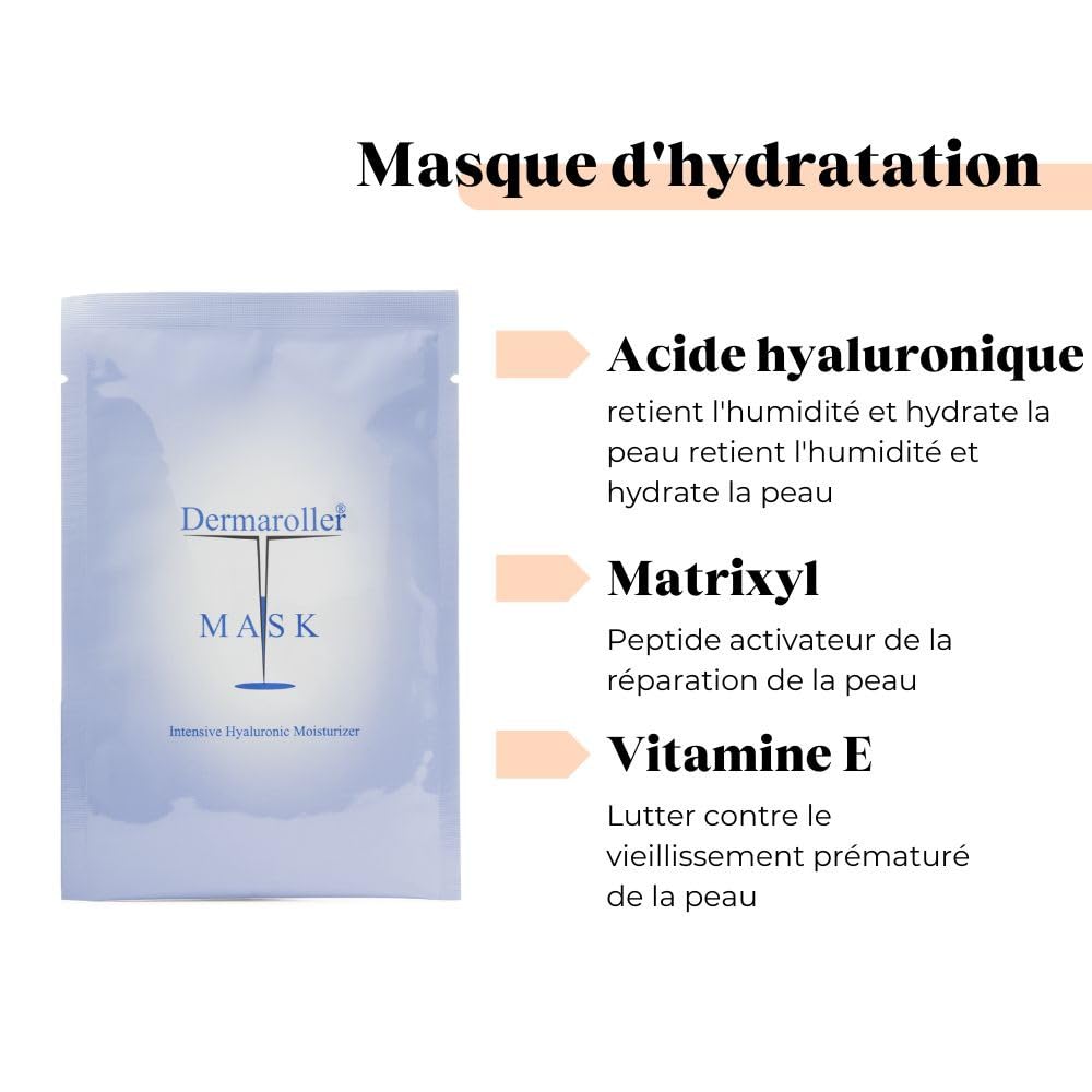 Dermaroller Masque facial à l'acide hyaluronique contre la peau sèche - Skincare (Premium) Hydrate, atténue les rides, favorise la formation de collagène - 1 x 10 pièces) (pack de 10)