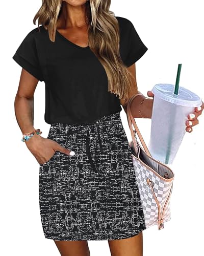 Image of AUSELILY Womens Summer Mini Dress, Short Sleeve V Neck Drawstring Casual | Tshirt dress with drawstring waist and pockets. Ideal sundress for daily outing, beach and vacation