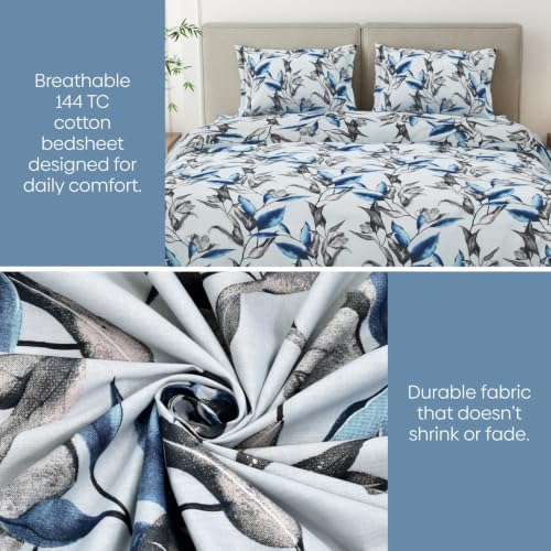 Image of Haus & Kinder Double Bed Bedsheet for Queen Size Bed with 2 Pillow Covers 90 Inch x 100 Inch | Premium Soft & Silky Pure Cotton 144 TC Flat Double Bedsheet | Florence Grove Blue