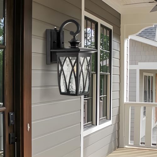 Image of Outdoor Porch Light Wall Mount,18'' Exterior Waterproof Wall Lighting Fixtures,Wall Sconce Light with E26 Socket & Water Ripple Glass Shades, Matte Black Outside Wall Lantern for Patio Front Door