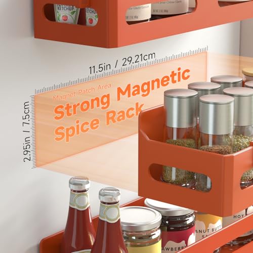 Image of Sevenblue 4-Pack Magnetic Spice Rack for Refrigerator with Hooks, Orange | Strong multipurpose magnetic shelf for kitchen & bathroom organization. Includes 4 removable hooks for hanging items.