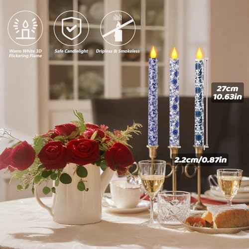 Image of 6 PCS Chinoiserie Flameless Candles - Blue and White Decor Flameless Candles Battery Operated Floral Printed Faux Candles Blue Candles Chinoiserie Decor for Wedding Garden Festive Party Decoration