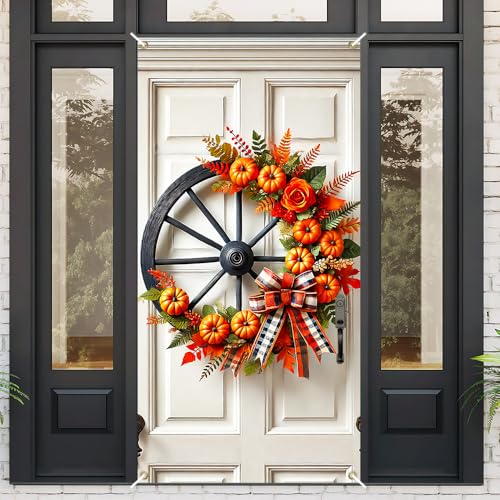 Image of Fall Wagon Wheel Door Cover 35x71in Pumpkin Plaid Bow