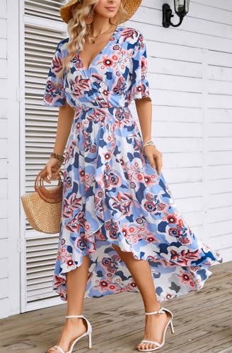 Image of Kormei Women Short Sleeve V Neck Floral High Low Flowy Summer Party Long Maxi Dress