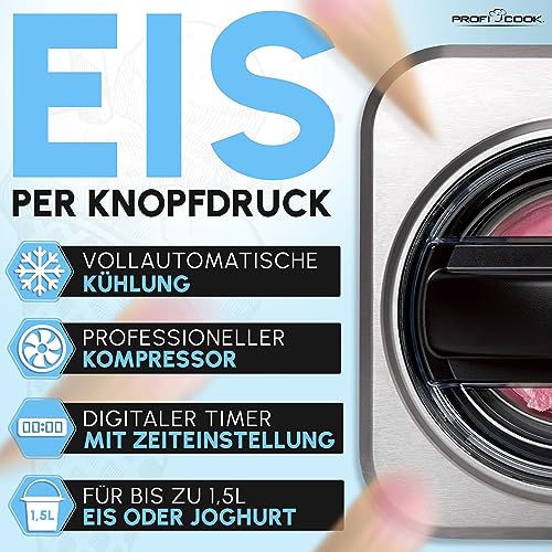 ProfiCook Eismaschine und Joghurtbereiter | Eis in 20 min. | für bis zu 1500ml | Eismaschine mit Kompressor | für Eis & Frozen Joghurt | Inkl. Rezeptvorschläge, Spachtel und Messbecher | PC ICM 1268 – Bild 5