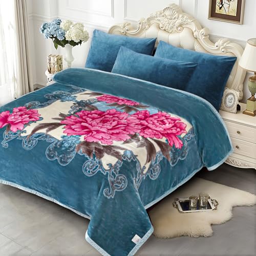 Image of JYK Soft Fleece Bed Blanket King Size, 520GSM 5.7 Pounds - Korean Style 2 Ply Reversible Silky Cozy Plush Warm, Comfy Blanket Microfiber for Autumn, Winter - 83'' x 91'', Blue /Peony /Peony