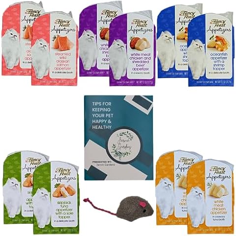 Fancy Feast Appetizers Wet Cat Food 5 Flavor 10 Tray Sampler (2) Each Salmon, White Meat Chicken & Shredded Beef, Oceanfish, Skipjack Tuna & Chicken. Plus Healthy Pets Tip Booklet & Catnip Mouse Toy Cover