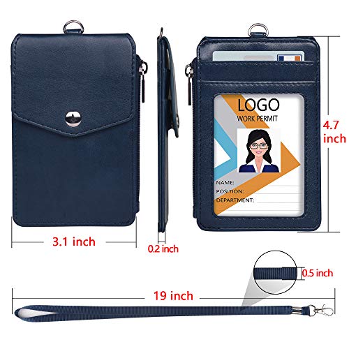 Teskyer Badge Holder With Side Zip Pocket, Multiple Card Slots Leather Id Holder Wallet With Neck Lanyard For Office Staffs, Teachers/Students, Couriers, Workers, Blue #TOP2