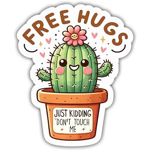 Cactus Stickers Funny Free Hugs Just Kidding Don't Touch Me Colors Vinyl Stickers, Weather-Resistant Sticker for Water Bottles, Laptop, Window, Car Size 4" Cover