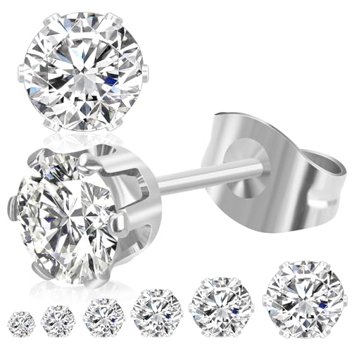 6 Pairs Stud Earrings for Women, 3-8mm Stainless Steel Cubic Zirconia Earrings Set, 14K Silver Hypoallergenic Earring for Sensitive Ears, Jewelry Gift Idea