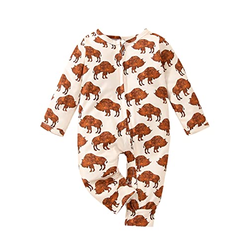 Image of LXXIASHI Newborn Infant Baby Boy Girl Zip Up Onesie Romper Cow Print Long Sleeve Bodysuit Jumpsuit Western Baby Clothes