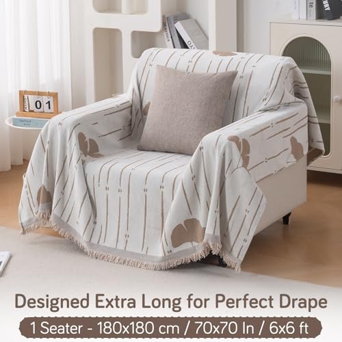 Image of HOKIPO Premium Chenille Printed Sofa Cover Throw Blanket 320 GSM for 1 Seater - All Season Use, 'Serene Abode Series' Beige Ginkgo Lines (180x180 cm) (AR-6631-D2)