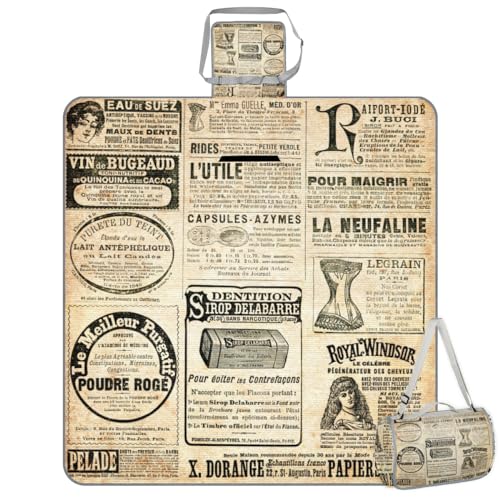 Shimoshe Picnic Blankets 57”x 59”, Vintage Newspaper Waterproof Sandproof Picnic Mat Lightweight Foldable Beach Blanket for Camping Park Grass Beach Outdoor Blanket