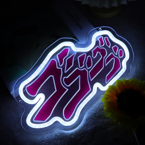 Image of JOJO Anime Neon Sign for Wall Decor, Japanese Anime Neon Sign Pink White Kawaii Gaming Room Decor, USB Powered Acrylic Neon Lamp for Bedroom, Desk, Bar, Anime Fans Gift