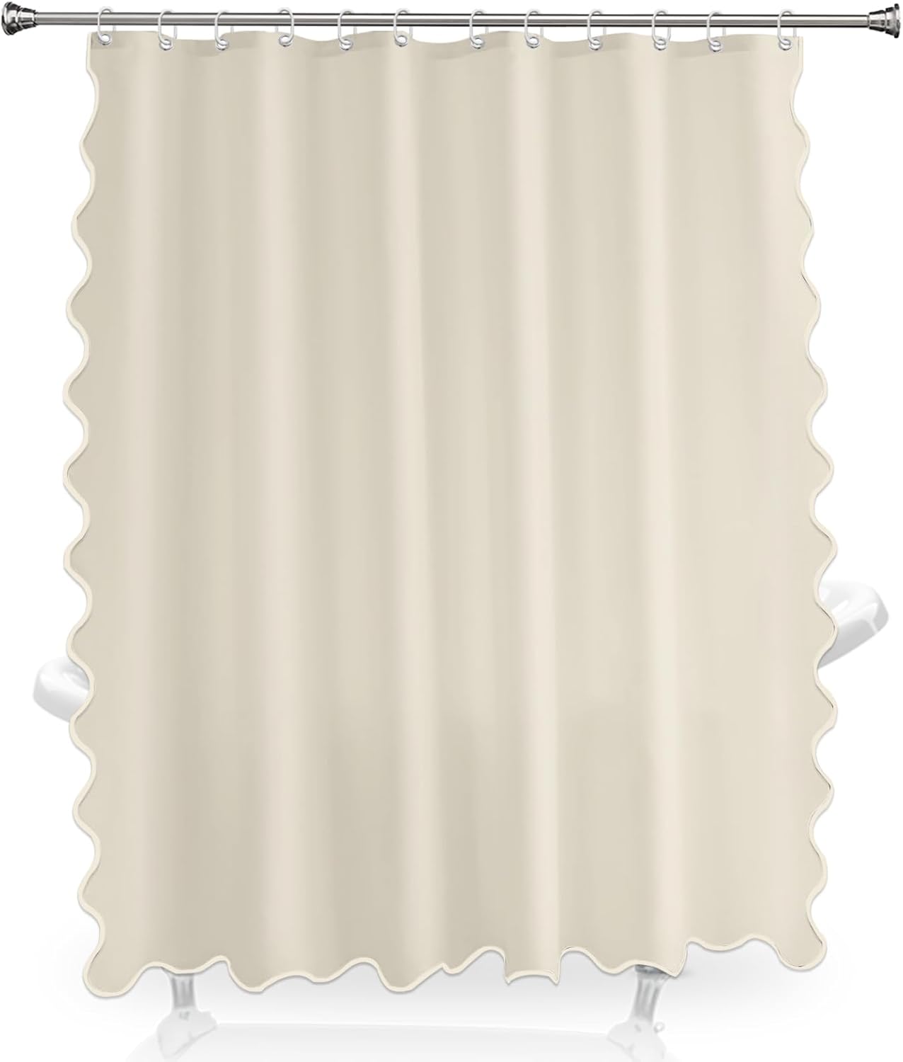 Beige Boho Cute Scalloped Shower Curtain, Long Modern Aesthetic Shower Stall Curtains for Bathroom, Luxury Waterproof Fabric, Girly Dorm Funky Pretty Elegant Bath Decor Sets (Beige, 78 x 72)