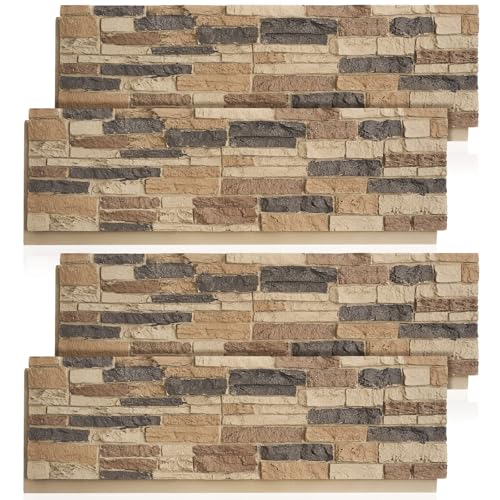 Maasechs 4 Pack Faux Stone Panels Interior 45.6''l x 11.8''h x 0.98''d Faux Siding Panels Exterior Artificial 3D Veneer for Wall Decor Outdoor Home Improvement Projects (PU,Light Brown)