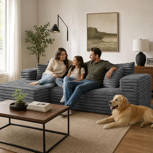 Image of 2 inch Corduroy Boneless Couches for Living Room, L Shape Sofa with Chaise | 102.4 inch Modular Sectional Sofa, Cloud Couch Sectional with Deep Seat, No Assembly, Grey, Left Chaise