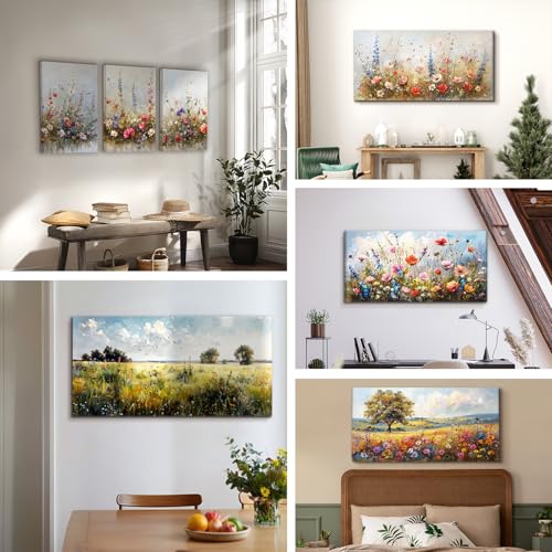 SERIMINO Nature Floral Botanical Wall Art Prints Aesthetic Farmhouse Decor, Misty Flowers Modern Home Decor Paintings, 3 Piece Canvas Wall Art for Living Room Bathroom Bedroom 12"X16"