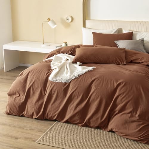 JIYUAN 100% Washed Cotton Duvet Cover Set 3 Pieces Oversized Queen, 1 Duvet Cover 98x98 Inches(Comforter Not Included) and 2 Pillowcases,Linen Feel Bedding Set Comfy and Breathable,Burnt Orange