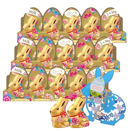 Lindt Easter Bunny Chocolate Bulk Buy - Pack of 3 x 50g Smooth Milk Chocolate Flowers Mini Gold Bunnies (15x10g) with Wooden Topline Decorations for Easter Gifts Hampers Baskets.