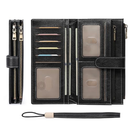 Image of GOIACII Large Wallet for Women Leather Wristlet Black | RFID Blocking, Multi-card Slots, Detachable Wrist Strap, Trifold Clutch Purse