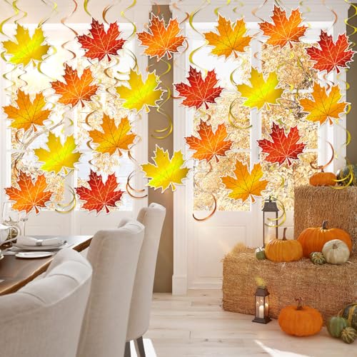 Image of 72 Pcs Fall Thanksgiving Hanging Decoration Maple Leaves Swirl Autumn Party Decoration Autumn Ceiling Decor Foil Orange Leaves Streamers for Home Office Classroom Harvest Party Supplies