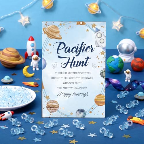 Image of Thyle 51 Pcs Outer Space Baby Shower Games Planets Pacifier Hunt Include Galaxy Solar System Hunt Sign and 50 Acrylic Pacifiers for Astronaut Baby Shower Game over The Moon Gender Reveal Party Decor