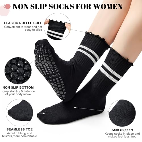 Image of American Trends Pilates Crew Socks for Women with Grips, Non Slip Ruffle Sock for Yoga Barre and Workout