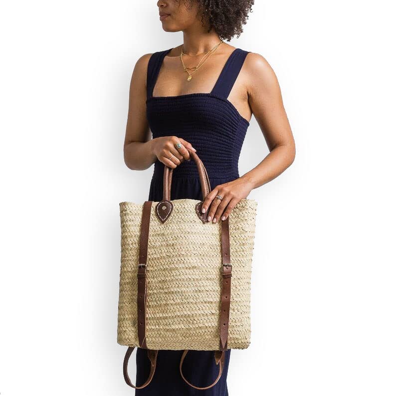 French basket with leather strap, Straw backpack, Beach bag