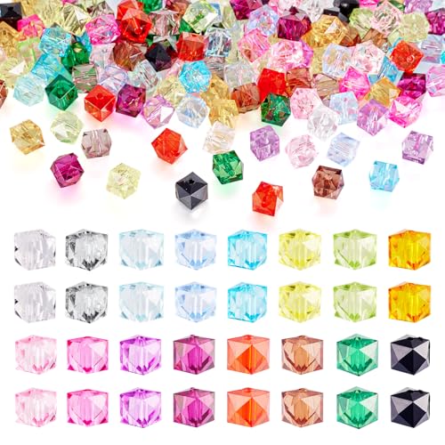 FASHEWELRY 160Pcs Clear Acrylic Cube Beads 10mm Square Crystal Beads Transparent Faceted Kandi Bead Colorful Cube Spacer Bead for Bracelets Necklace Earring DIY Jewelry Making