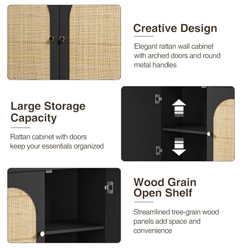 Image of Rattan Bathroom Wall Cabinet, Boho Medicine Wall Cabinet with Double Doors and Adjustable Shelves, Tall Kitchen Wall Mounted Storage Cabinet, Floating Space Saver Over Toilet, Black