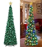 5 Ft Pop Up Christmas Tree with Lights, Pencil Tinsel Collapsible Christmas Tree with 50 Multi Colored Lights & Tree Topper for Christmas Decoration Home Party Decor Indoor Outdoor (Green)