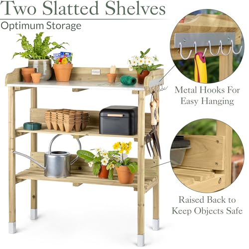 Christow Wooden Potting Table With Storage, Outdoor Garden Work Bench Station, Aluminium Worktop, 2 Shelves, 5 Galvanised Metal S-Hooks, Gardening Greenhouse Workstation, H89cm x W76.5cm x D37cmv - Image 2