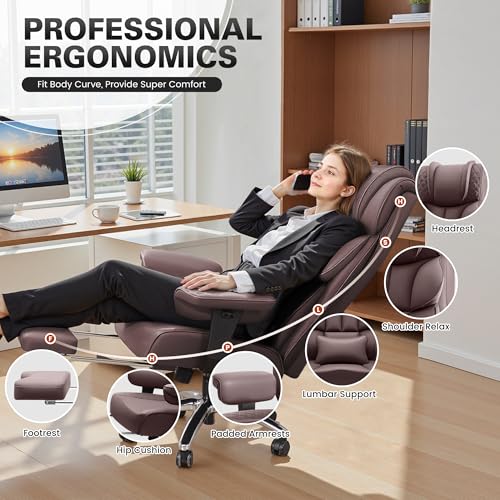Office Desk Chair, Big and Tall Leather Gaming Chair with Footrest, Wide Ergonomic Comfy Executive High-Back Reclining Computer Chairs, Swivel Rolling Wheels and Padded Lumbar Support,Coffee - Image 4