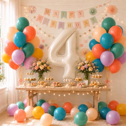 Image of 40 Inch Boho Rainbow Number 4 Balloon Tower for 4th Birthday Decorations