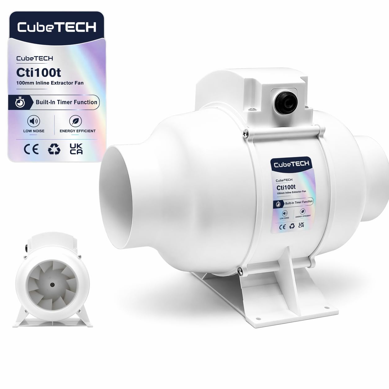 CubeTECH CTi100t - Ventola aspirante da bagno in linea con timer, a due velocità, 100 mm
