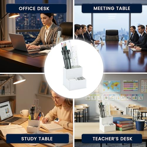 Image of White Pencil Holder for Desk | 3 Compartment Organizer Square Pencil Holder | Sharp and Dull Pencil Holders for Office, Meeting Room, Reception | Office Desk Accessories Organization and Storage