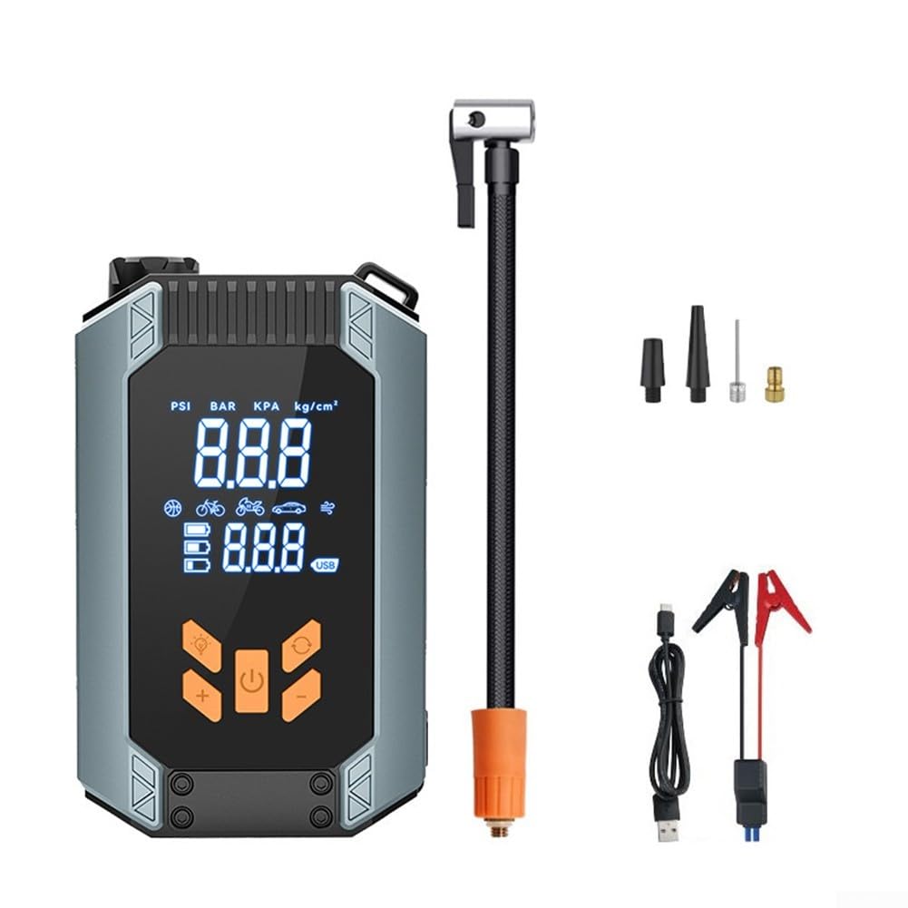 Yhenlovtt Arrancador portátil de coche 7200A con compresor de aire, inflador de neumáticos de 150 PSI, luz LED, banco de energÃa de 7200 mAh para vehÃculos de 12 V, pantalla LCD