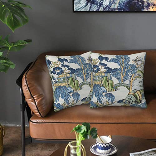 Wsunsal Chinoiserie Pillow Covers 16X16 Inch Set Of 2, Asian Scenic Blue And Kelly Green Throw Pillows Farmhouse Chinoiserie Decorative Pillowcase Linen Cushion Cover For Home Sofa Bedroom Outdoor #TOP2