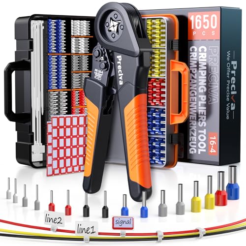 Preciva 0.08-16mm Crimping Tool Set 28-5 AWG Bootlace Ferrule Crimping Tool Kit with 1500PCS Connectors Terminals+100PCS 150mm Cable Ties+60PCS Label Ratchet Crimper with Suitcase for Electricians