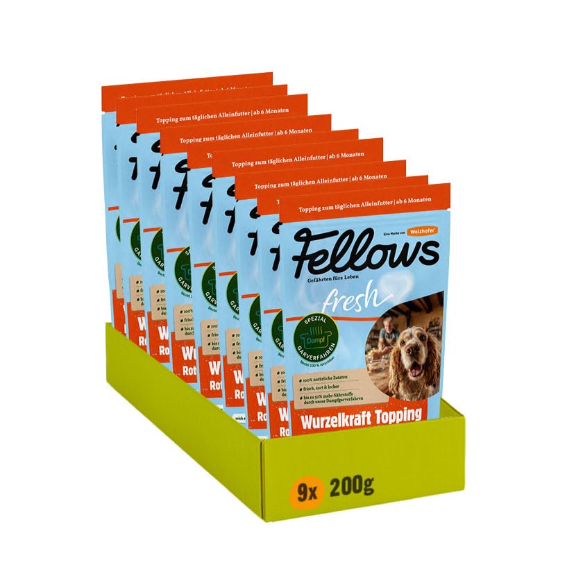 Fellows Wurzelkraft Topping für Hunde - Ergänzungsfuttermittel mit Rote Bete, Karotte, Kartoffel, vegetarisch, Vitaminquelle, fördert Flüssigkeitsaufnahme, Hunde Eis geeignet, BARF-geeignet, 9 x 200 g