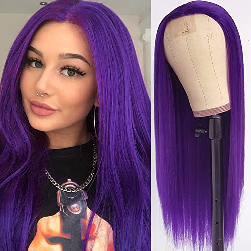 Lezaxiu Purple Synthetic Hair Wigs Long Straight Hair Natural Dark Purple Color Wig Heat Resistant Fiber Hair Wigs for Fashion Women