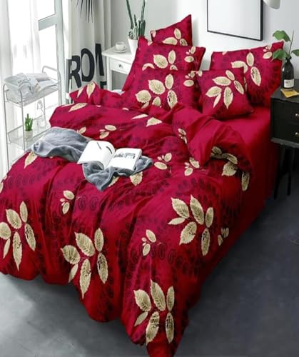 Image of Polycotton Single Bed Bedsheet, Flat Sheet with 1 Pillow Cover, Queen (60x90 inch), 300 TC, Red & Golden, Set of 2