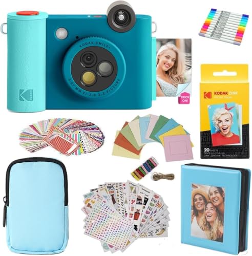 KODAK Smile+   Paquete de Regalo de cámara instantánea Digital e Impresora fotográfica 2 en 1, Funda + Papel Zink + álbum + Marcos + calcomanías + marcadores, Color Azul