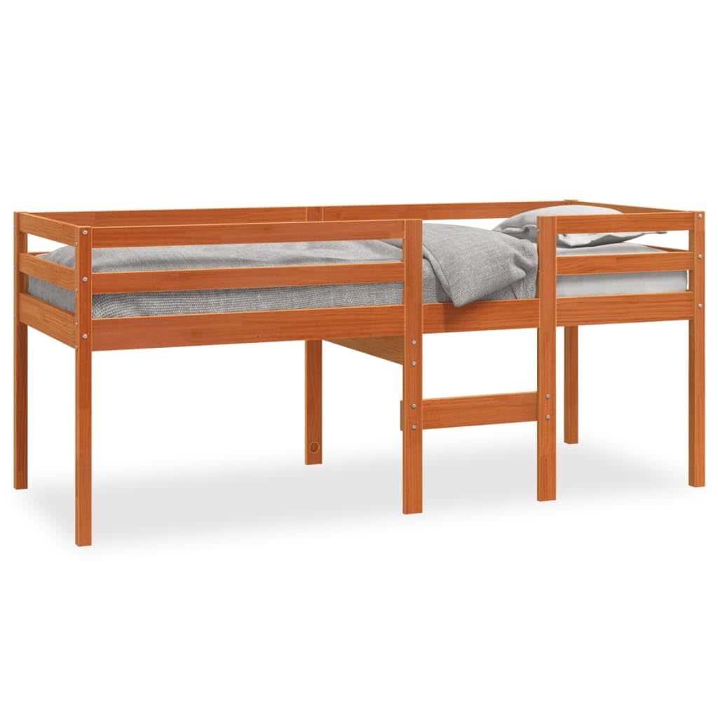 Cama alta marrón cera 80 x 200 cm madera maciza de pino, estructura de cama robusta para niños y jóvenes, mueble para dormitorio, diseño seguro con escalera