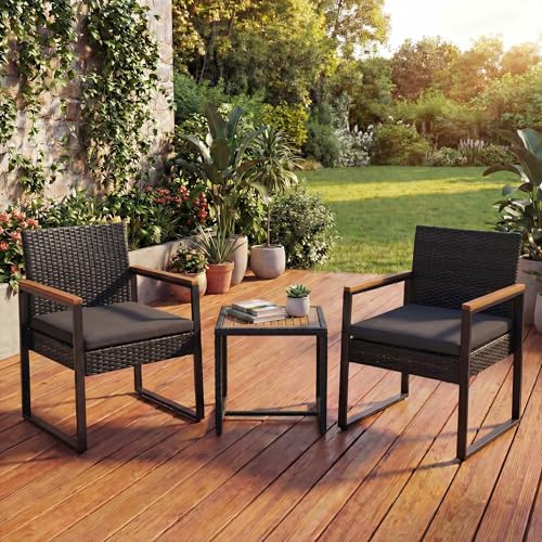 Mendler Poly-Rattan Garnitur HWC-P74, Lounge-Set Garten 2X Stuhl Tisch, Akazie Holz Stoff 180g/m² - schwarz, Polster grau