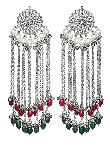 Image of Karatcart Kundan Tassel Earrings for Women (Pink and Green Beads)