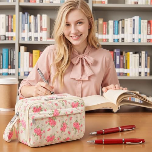 Image of WOBAGMEN Cute Pencil Case,Large Corduroy Zippered Pencil Case Pouch, aesthetic Pencil Bag with Compartments, Pencil Pouch School Supplies (Big Pink Floral)