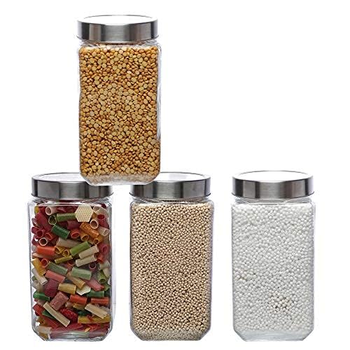 Click to enlarge SIMPARTE Glass Jar 2000 ml Transparent Barni for Kitchen, Aachar Pickle, Dry Fruits, Masala, Spices, Grocery, Grains Clear Storage Container with Silver See-Through Cap (Set of 4)