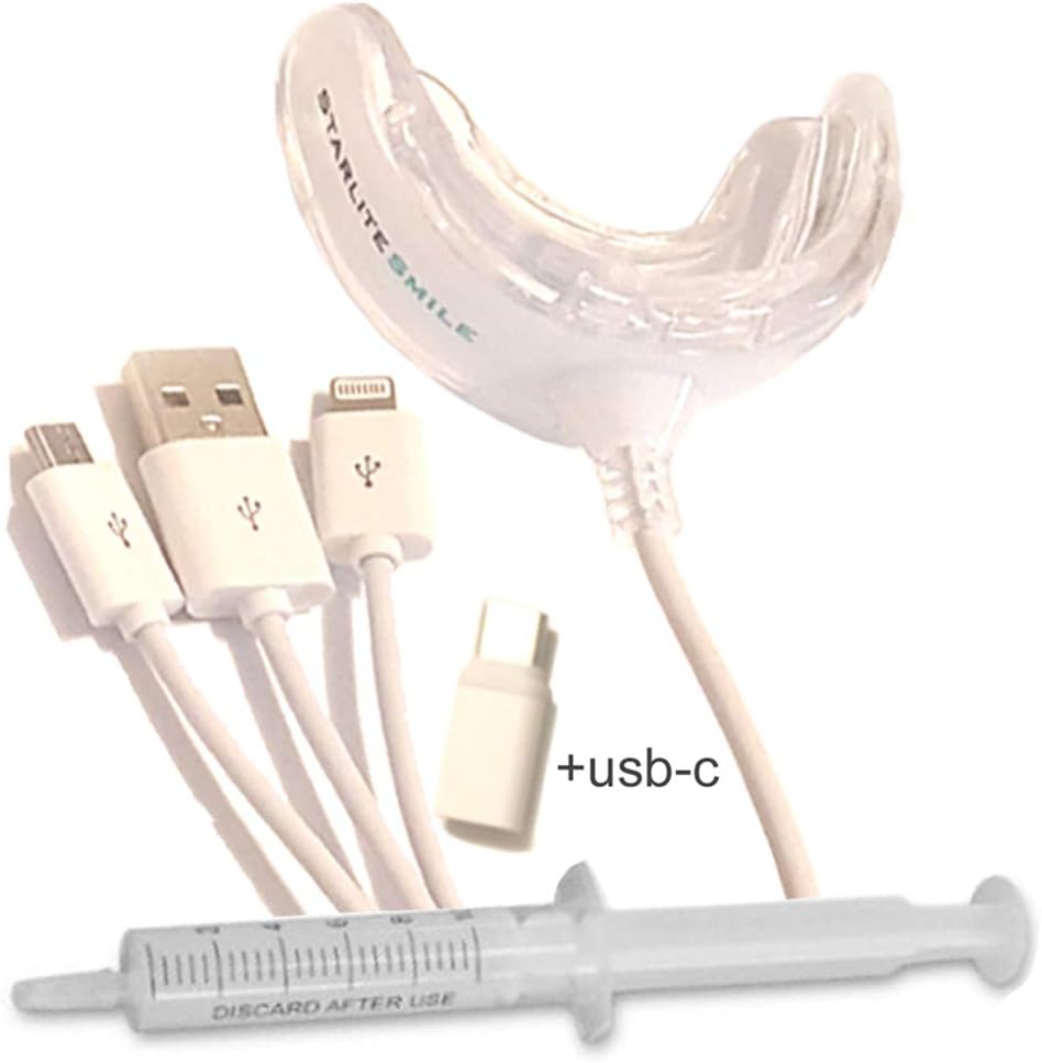 Teeth Whitening Kit with 16 LED Accelerator Light for iPhone Android USB USB-C and Made in USA Gel
